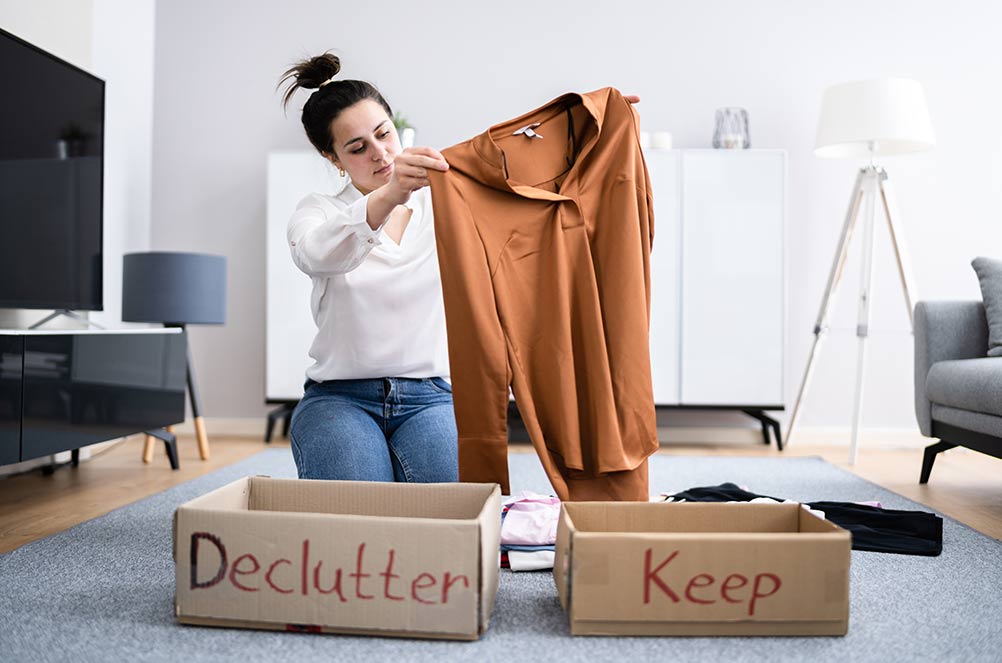 Vrouw sorteren garderobe swedish death cleaning kleding houden